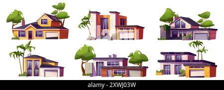 Moderno palazzo periferico di lusso con garage e alberi. Serie di illustrazioni vettoriali cartoni animati con esterno di case residenziali per il design del paesaggio urbano. Facciata di un edificio in villa di campagna. Illustrazione Vettoriale
