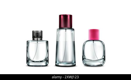 Mockup in bottiglia di vetro con tappo spray per il marchio di fragranze e profumi. Serie di illustrazioni vettoriali 3d realistiche di contenitori trasparenti per prodotti cosmetici. Modello per fiasche per prodotti profumati. Illustrazione Vettoriale