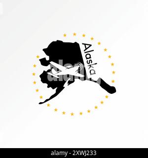 Design del logo concept grafico stock vettoriale premium creativo astratto simbolo della mappa dell'Alaska unico parco di montagna dell'aereo. Destinazione del volo corrispondente a nord Illustrazione Vettoriale