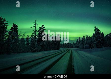 Aurora boreale su una strada innevata, di notte, in una foresta di Lapponia tra Rovaniemi e Inari (Lapponia, Finlandia) ESP: Aurora boreale sobre una carretera Foto Stock