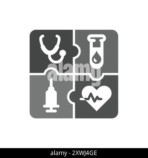 Icone del logo del puzzle medico e medico. Icona vettore salute e assistenza sanitaria. Illustrazione Vettoriale