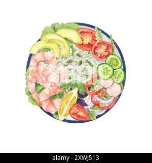 Gamberetti, riso, limone e verdure fresche su un piatto tondo con acquerello. Fette di pomodoro, cipolla, cetriolo, pepe rosso, ravanello, avocado Foto Stock
