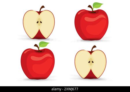 vettore icona frutta di mela rossa. Set di icone di frutta con mele rosse isolate su sfondo bianco. Quattro mele su fondo bianco isolato, frutta sana Illustrazione Vettoriale