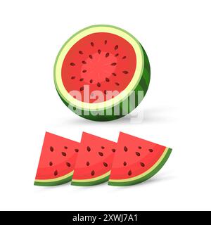 Anguria tagliata aperta, clipart, vettore, cartoni animati pezzi di anguria verde fresca, tre pezzi di anguria rossa su sfondo isolato. vettore, illustrazione Illustrazione Vettoriale
