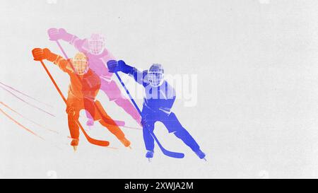 Uomo concentrato, giocatore di hockey con equipaggiamento completo che gioca con attenzione durante la partita. Design Duotone. Collage d'arte contemporanea. Foto Stock