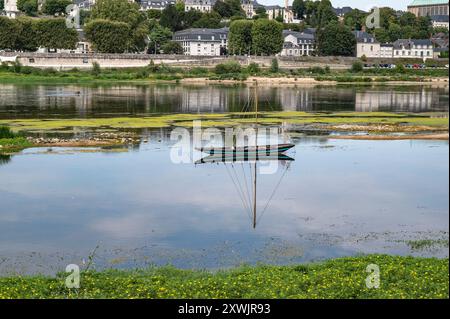 Una tradizionale barca in legno tipica del fiume Loira ormeggiata a Blois, un'ex residenza reale sul fiume Loira, in Francia Foto Stock