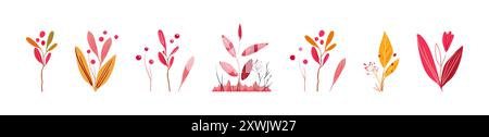Set botanico di rami rosa. Foglie gialle e piante con frutti di bosco. Folklore di fiori rossi. Sfondo bianco vettoriale isolato Illustrazione Vettoriale