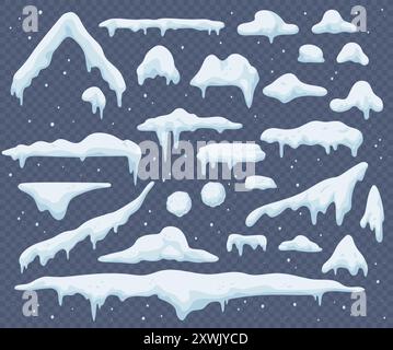 Cartoni animati neve natalizia e decorazioni di ghiaccio di fiocchi di neve invernali ed effetto icicle, vettore isolato. Snowball, montature ghiacciate e innevate, calotte da neve ghiacciate e sfondi a effetto tetto del Natale Illustrazione Vettoriale