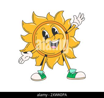 Personaggio cartoon retro groove Sun. Personaggio vettoriale hippie d'epoca con un felice sole estivo con un sorriso allegro e braccia aperte che offrono abbracci. Divertente emoji solare giallo e caldo, emoticon solare Illustrazione Vettoriale