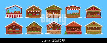 Bancarelle e stand per il mercatino di Natale. Stand fieristici Vector Xmas per le vacanze invernali, chioschi alimentari, negozi e negozi. Bancarelle in legno del mercatino di Natale con neve, albero di Natale, pan di zenzero, regali e luci Illustrazione Vettoriale