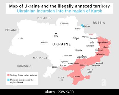 Mappa dell'Ucraina con confine del territorio annesso illegalmente alla russia e incursione Ucraina di Kursk, agosto 2024. Mappa vettoriale con incursione Ucraina Illustrazione Vettoriale