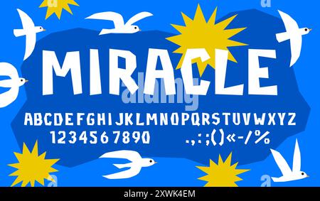 Divertente carattere pirata ruvido, tipo ritaglio per bambini, carattere cartoni animati con lettere e numeri dell'alfabeto inglese con sagome vettoriali di sole, onde e gabbiani. Divertente set tipografico di caratteri ruvidi abc Illustrazione Vettoriale