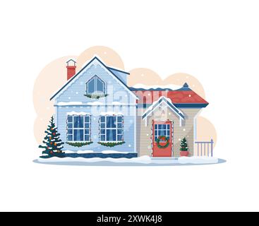 Facciata esterna della casa invernale di Natale, adornata da luci scintillanti e corone festose. Un grazioso cottage di campagna isolato e vettoriale accoglie con tetto innevato, finestre e un accogliente arredamento per le vacanze Illustrazione Vettoriale