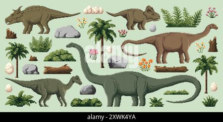 dinosauri preistorici con pixel art a 8 bit, risorsa di gioco. Set vettoriale di specie di dinosauri ed elementi naturali in stile vintage. Piante, rocce, uova, palme, tronchi o felci Illustrazione Vettoriale