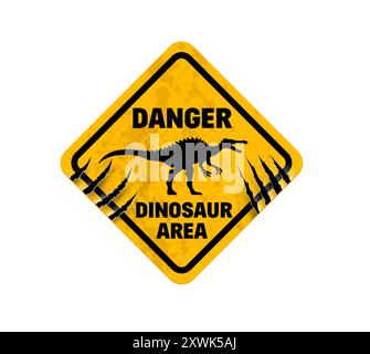 Cartello di avvertimento dinosauro, silhouette di pericolo Spinosaurus sul segno di attenzione, banner di avvertenza vettoriale. Cartello giallo della zona di pericolo e dell'area dei dinosauri con graffi sull'artiglio dei dinosauri sul cartello segnaletico grunge Illustrazione Vettoriale