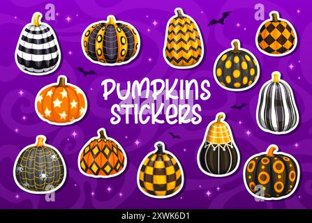 Adesivi di Halloween di zucche dipinte con ornamenti natalizi, vettore di cartoni animati. Adesivi di zucca di Halloween per le vacanze notturne horror e feste con ragnatele e ragni Illustrazione Vettoriale