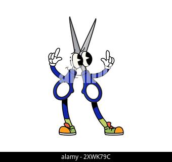 Il personaggio di Cartoon Groovy School Forssors trasuda vibrazioni retrò e divertenti con colori blu vibranti ed espressione allegra. Cancelleria isolata per ufficio vettoriale, gesti educativi e gioie Illustrazione Vettoriale