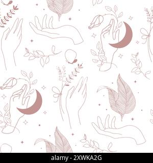 Pattern celeste vettoriale senza cuciture, mani, luna e piante allineano lo sfondo mistico. Strega spirituale, cura boho stampa Illustrazione Vettoriale