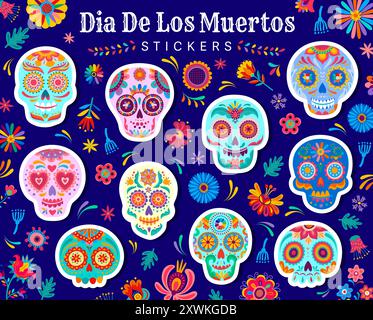 Il giorno messicano dei morti calavera, adesivi per il teschio di zucchero, icone vettoriali. Dia de Los Muertos o adesivi per le vacanze messicane, teschio di calavera in ornamento floreale etnico con fiori di calendula per Day of the Dead Illustrazione Vettoriale
