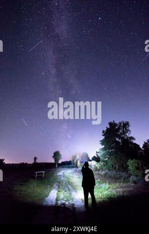 Una persona che cammina nella campagna di notte con una torcia frontale sotto le stelle della via Lattea Foto Stock