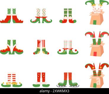 Gambe elfi. Piede di elfo di babbo natale in scarpe diverse. Operai e aiutanti natalizi, nani che indossano scarpe e calze. Raccolta vettoriale Nowaday Illustrazione Vettoriale