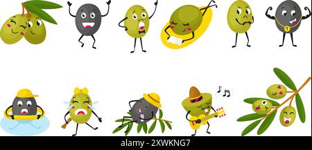 Caratteri oliva. Mascotte di olive cartoni animati, cibo fresco o sottaceti. Adorabile bacca che sogna, nuota nuota canta. Ramo verde, piante vettoriali neoteriche Illustrazione Vettoriale