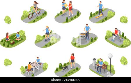 Persone isometriche che camminano nel parco. Amici che mangiano al picnic, camminano e giocano a scacchi. Attività estive all'aperto, barbecue e lavoro su panca, vettore perfetto Illustrazione Vettoriale