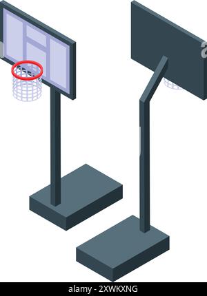 Canestro da basket in piedi sull'icona quadrata della piattaforma in vista isometrica Illustrazione Vettoriale