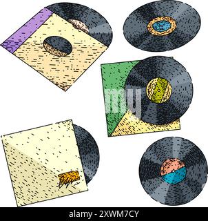 vynil record set sketch vettore disegnato a mano Illustrazione Vettoriale