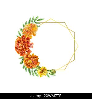 Cornice dorata color acquerello Marigolds per il testo. Illustrazione disegnata a mano isolata su sfondo bianco. Per i biglietti di compleanno, Diwali, il giorno dei morti, le nozze Foto Stock