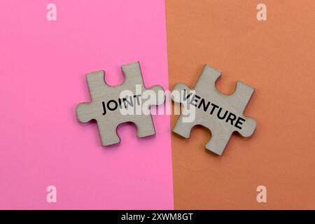 Due pezzi di puzzle in legno si collegano, formando la frase "Joint Venture". Collaborazione e partnership si uniscono! Foto Stock