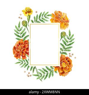 Cornice ad acquerello Marigolds per testo. Illustrazione disegnata a mano isolata su sfondo bianco. Per compleanno, biglietti d'auguri Diwali, inviti di nozze, c Foto Stock