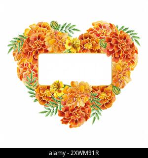 Cornice ad acquerello Marigolds per testo a forma di cuore. Illustrazione disegnata a mano isolata su sfondo bianco. Per il compleanno, biglietti d'auguri Diwali Foto Stock