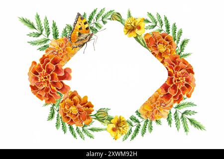 Cornice ad acquerello Marigolds. Modello floreale orizzontale per il testo. Illustrazione disegnata a mano isolata su sfondo bianco. Per i biglietti di compleanno, Diwali, giorno Foto Stock