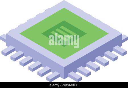 Chip cpu isometrico verde con connettori visibili per scheda madre Illustrazione Vettoriale