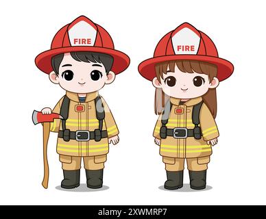 Cute Boy and Girl in Firefighter Costumes personaggio di Cartoon Illustrazione Vettoriale