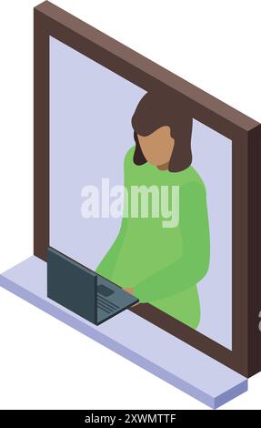 Una donna lavora in remoto, utilizza il suo notebook mentre è in piedi accanto a una finestra Illustrazione Vettoriale