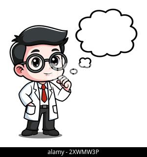 Carino scienziato Cartoon personaggio che pensa con Speech Bubble Illustrazione Vettoriale