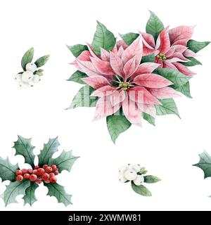 Poinsettia rosa vintage, bacche sacre rosse e acquerello di neve motivo floreale senza cuciture su bianco. Fiori di Natale Foto Stock