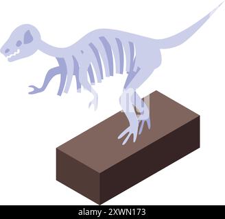 Scheletro di dinosauro in piedi su una pietra nel museo, mostra di paleontologia Illustrazione Vettoriale
