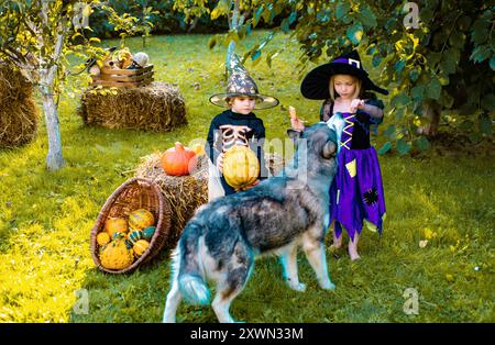 Scherzi o dolcetti. Bambini carini che indossano costumi di Halloween si divertono durante la festa di Halloween. Bambini carini, figlia e figlio, che fanno facce divertenti Foto Stock