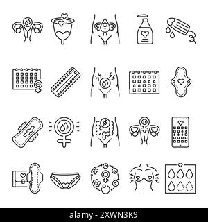 Set di icone nere della linea ciclo mestruale. Segni per pagina Web, app mobile, pulsante, logo. Pulsante isolato vettore. Traccia modificabile. Illustrazione Vettoriale