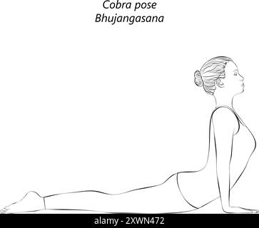 Schizzo di una giovane donna che pratica la posa yoga Bhujangasana. Posa Cobra. Difficoltà intermedia. Illustrazione vettoriale isolata. Illustrazione Vettoriale