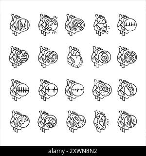 Set di icone nere della linea malattie cardiache. Segni per pagina Web, app mobile, pulsante, logo. Pulsante isolato vettore. Traccia modificabile. Illustrazione Vettoriale