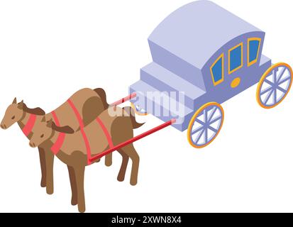 Due cavalli stanno tirando una carrozza con le scale in una vista isometrica Illustrazione Vettoriale