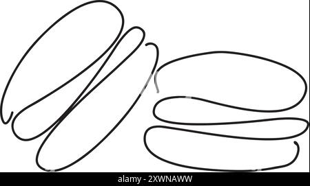 Continuous one line drawing of colorful French macaroons isolated on white background. Hand drawn macarons minimal design art, confectionery concept. Illustrazione Vettoriale