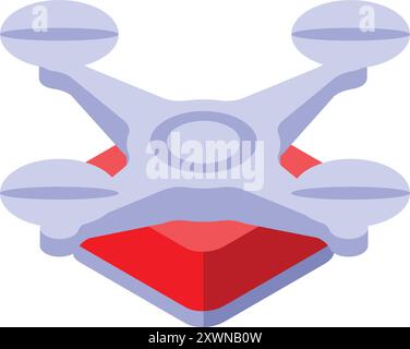 Il drone con quattro eliche sta atterrando su una piattaforma quadrata rossa in questa icona isometrica Illustrazione Vettoriale