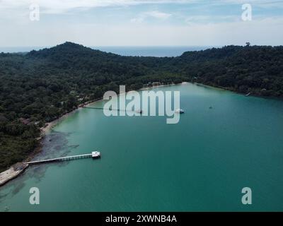 Bird view of the Bang Bao bay in Koh Kood with the ocean in the background Stock Photo