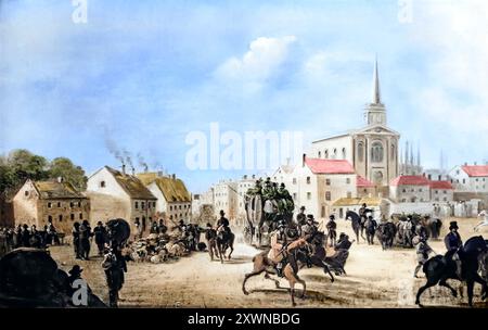 Vista di Finglas e della chiesa originale di St Canice sulla Main Street, Dublino, Irlanda. La scena con carrozza da palcoscenico, mandria di bestiame e gregge di pecore fu dipinta dal pittore irlandese William Sadler II (1782-1839), noto anche come William Sadler il giovane. Foto Stock