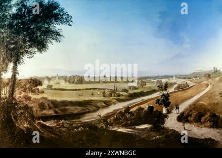 Vista sul fiume Liffey fino al Royal Hospital, Kilmainham, Dublin City, Irlanda, dipinto dal pittore irlandese William Sadler II (1782-1839), noto anche come William Sadler il giovane. Foto Stock